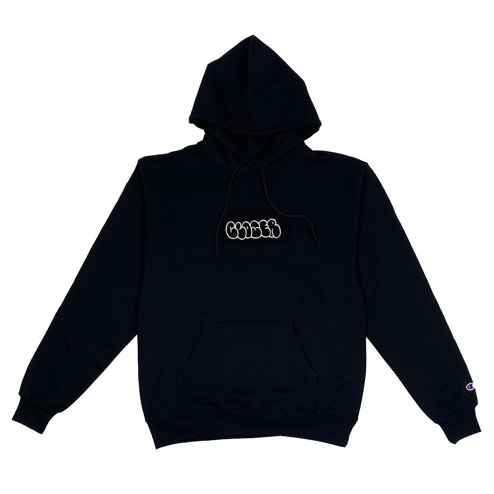 A CLOSER X MIKE GIGLIOTTI BUBBLE HOODIE BLACK with a white logo on it.