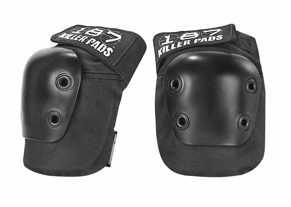 Two black knee pads with hard shell caps, adjustable straps, and a contoured design. The brand name "187" is visible, highlighting the superior foam system of the 187 COMBO PACK PAD SET SML/MED for maximum protection.