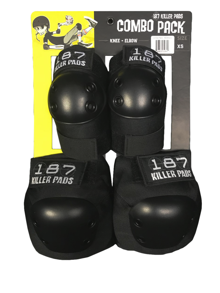 A combo pack of 187 knee and elbow pads in size LRG/XL, featuring a contoured design and superior foam system, displayed in packaging with a yellow background.