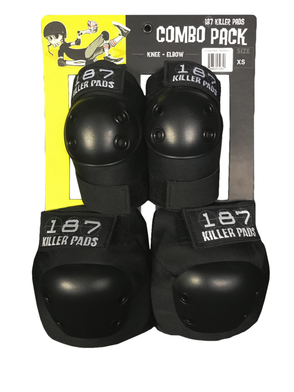 The 187 COMBO PACK PAD SET SML/MED by 187 comes with two knee pads and two elbow pads in black, size XS. Designed with a contoured shape and superior foam system, it offers maximum protection.