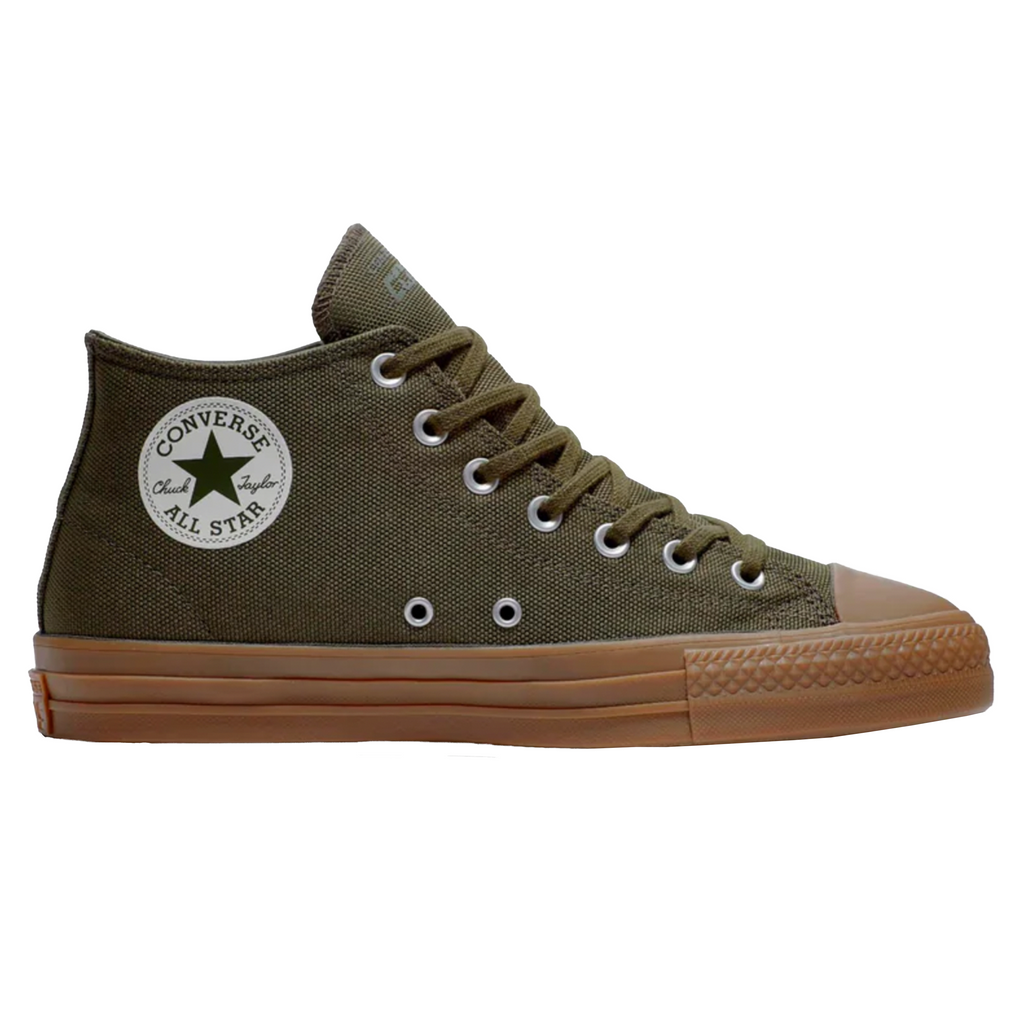 A pair of olive green Converse CONS CTAS PRO MID Cargo Khaki/Egret/Dark Gum sneakers.