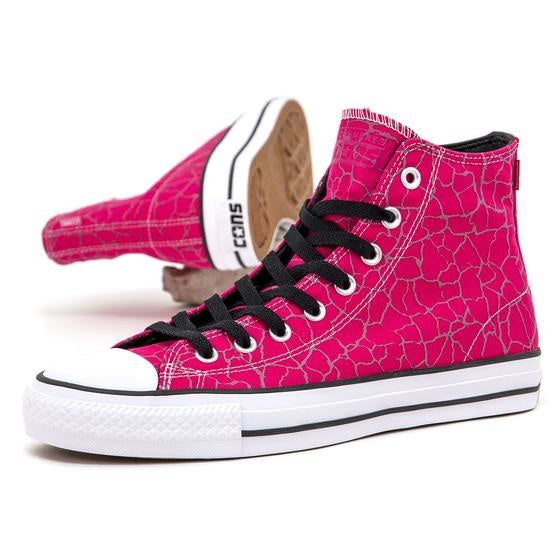 A pair of CONVERSE CONS CHUCK TAYLOR ALL STAR PRO HI PRIME PINK/BLACK/WHITE shoes with black laces.