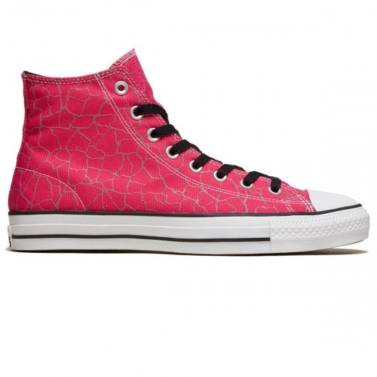 A pair of CONVERSE CONS CHUCK TAYLOR ALL STAR PRO HI PRIME PINK/BLACK/WHITE sneakers with black laces.