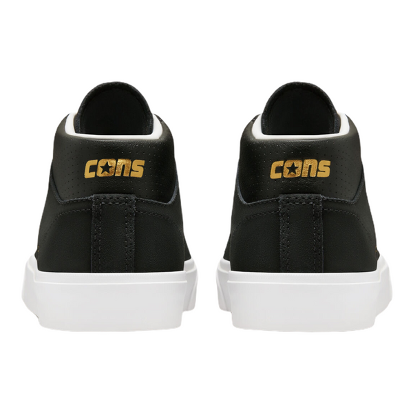A pair of black and gold CONVERSE LOUIE LOPEZ PRO MID BLACK/ WHITE sneakers with the word CONCS on them.