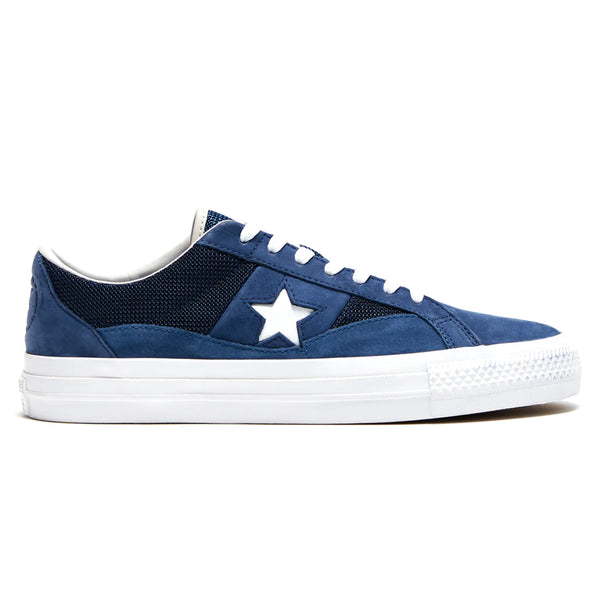 A Converse Cons X Alltimers One Star Pro Midnight Navy sneaker with a star on the side.