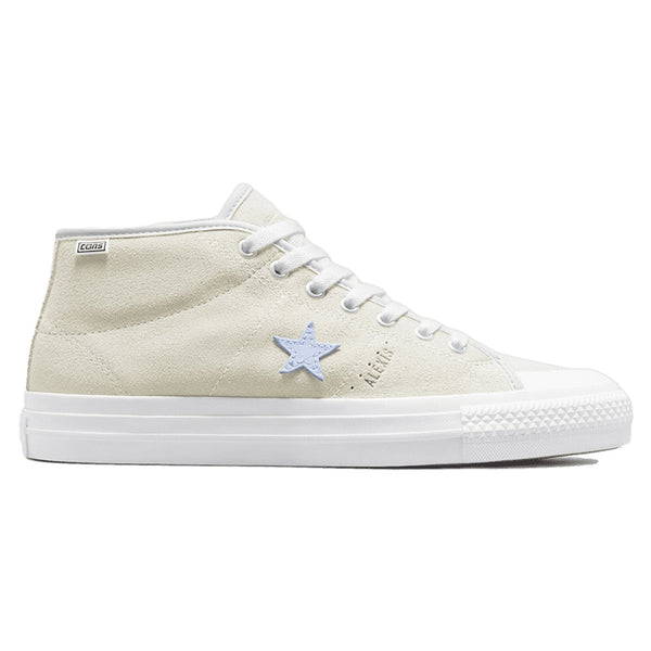 The CONVERSE CONS ONE STAR PRO MID ALEXIS in vintage white features a mid-top suede upper, white laces, a white rubber sole, and a signature star logo on the side.