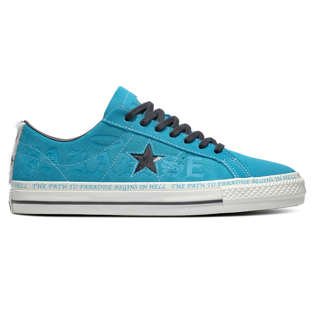 A CONVERSE CONS X PARADISE SEAN PABLO ONE STAR PRO OX RAPID TEAL sneaker with a star on the side.