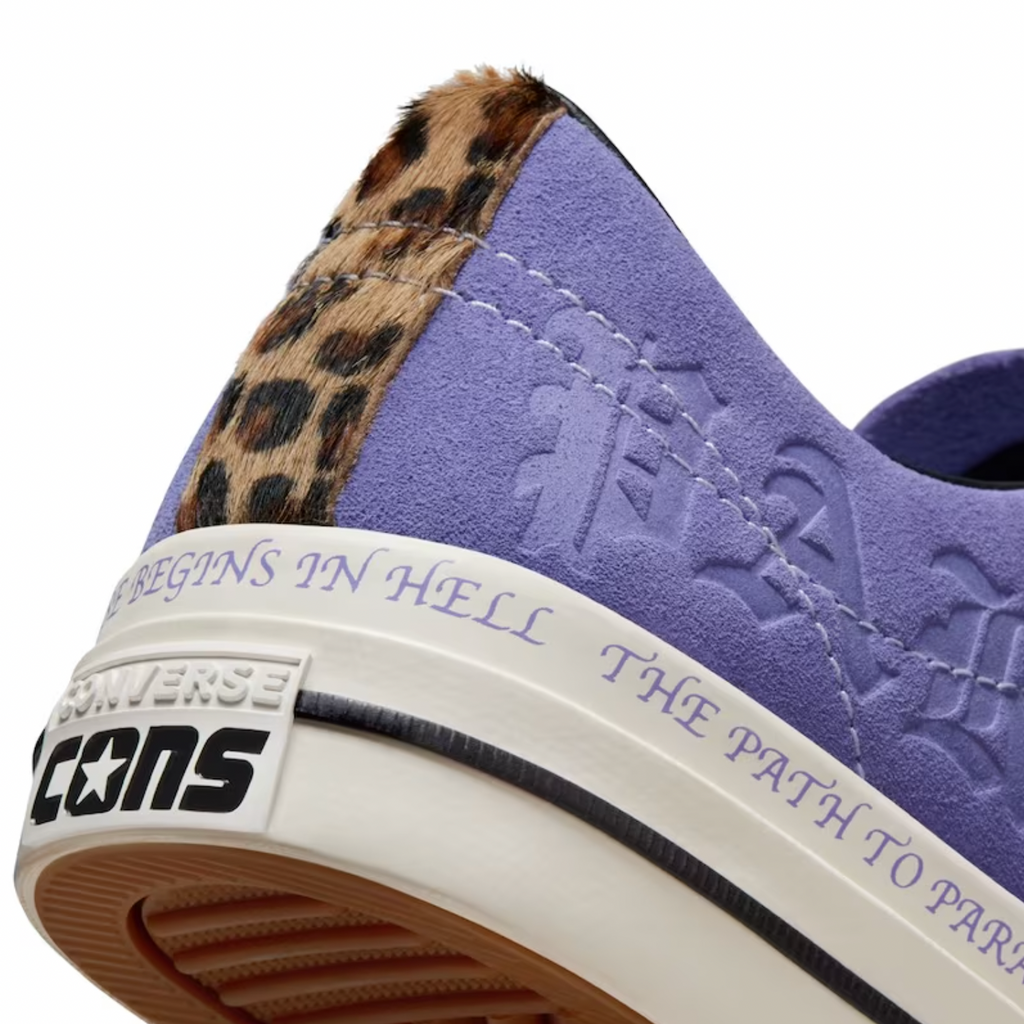 A wild lilac CONVERSE CONS X PARADISE SEAN PABLO ONE STAR PRO OX with a leopard print on the side.