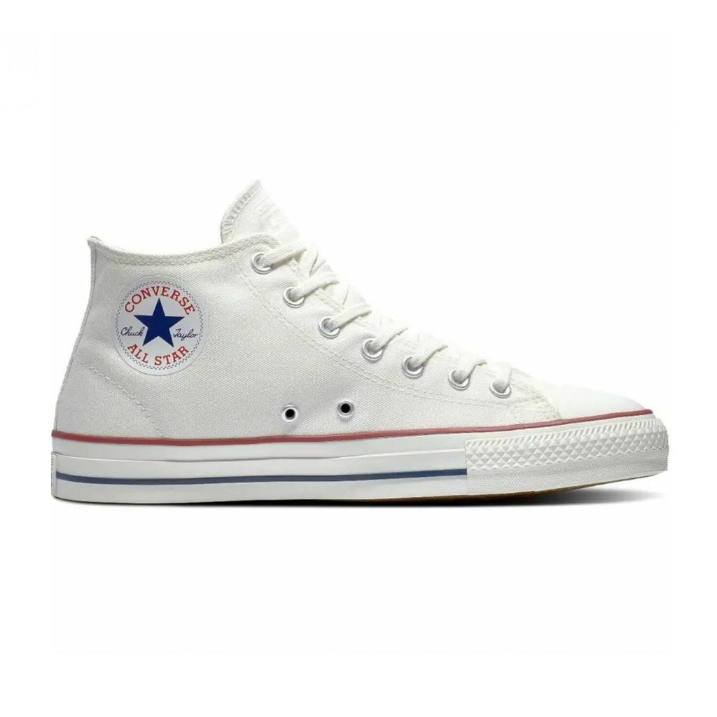 A pair of white CONVERSE CONS CHUCK TAYLOR ALL STAR PRO MID EGRET / RED / CLEMATIS BLUE sneakers on a white background.