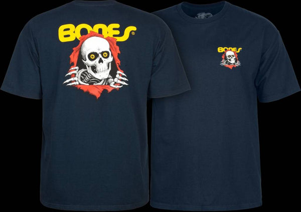 A POWELL PERALTA Bones Brigade Ripper Navy t-shirt with a screen printed logo of a skull on it.