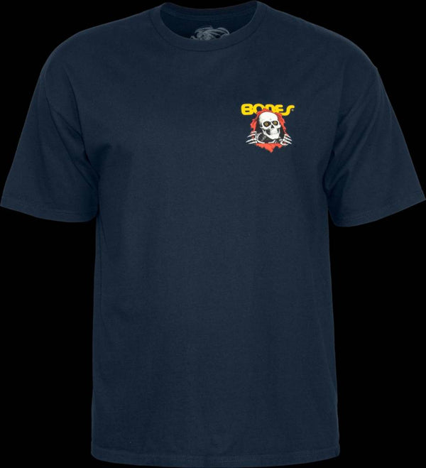 A POWELL PERALTA soft spun cotton t-shirt with a screen printed POWELL PERALTA BONES BRIGADE RIPPER NAVY logo.