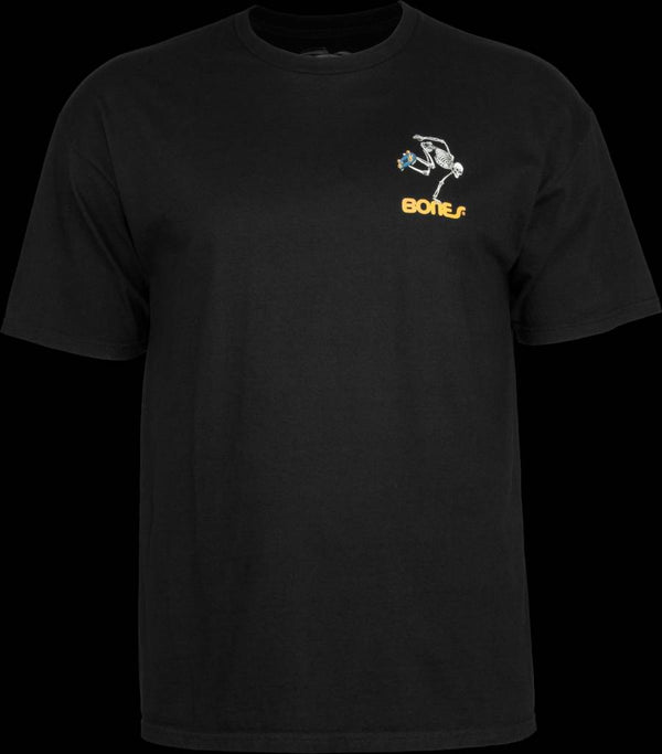 A POWELL PERALTA black t-shirt with a yellow logo on it, called the POWELL SK8BOARD SKELETON BLACK TEE.