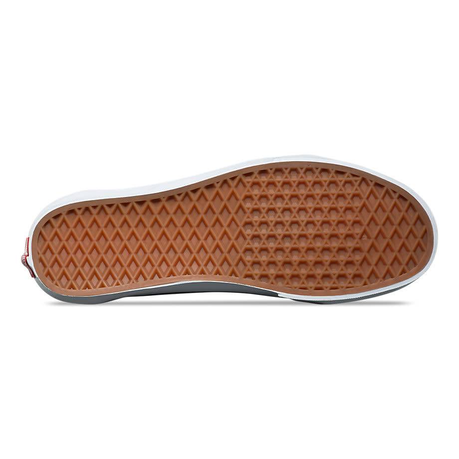 The rubber sole of the black and white shoe
