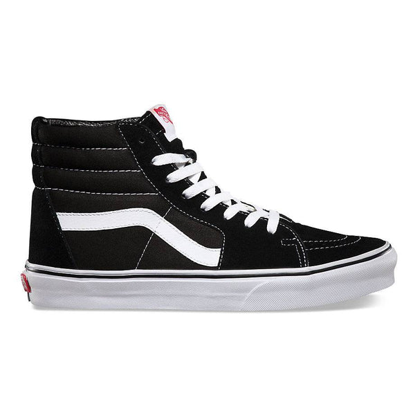 The VANS SK8-HI BLACK / BLACK / WHITE is a high top sneaker with white laces, a white side stripe, and a classic waffle outsole on a white rubber sole, shown from the side.