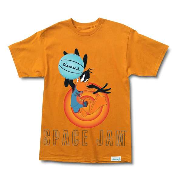 a orange shirt with daffy duck playing basketball