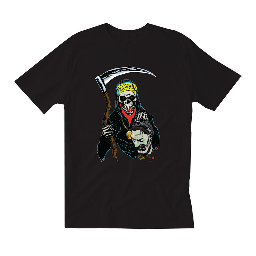 A BLUETILE REAPER T-SHIRT BLACK featuring a skeleton holding a scythe.
