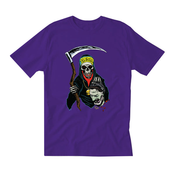 A Bluetile Skateboards BLUETILE REAPER T-SHIRT PURPLE with a skeleton holding a scythe.