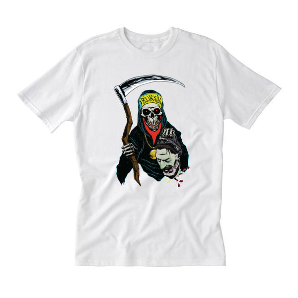 A BlueTile Reaper T-Shirt White with the Bluetile Skateboards brand logo.
