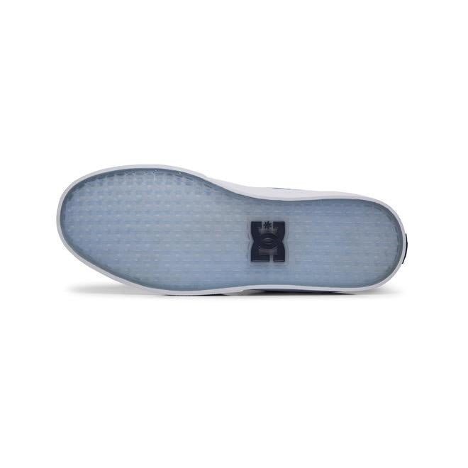 A DC JOSH X WILL NAVY shoe with blue soles on a white background, perfect for skateboarding.