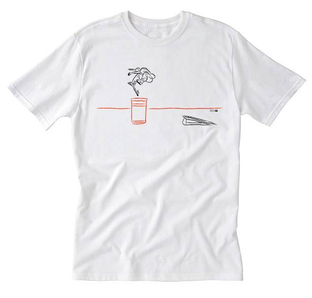 A Bluetile Skateboards white t-shirt with a drawing of a flower in a glass.