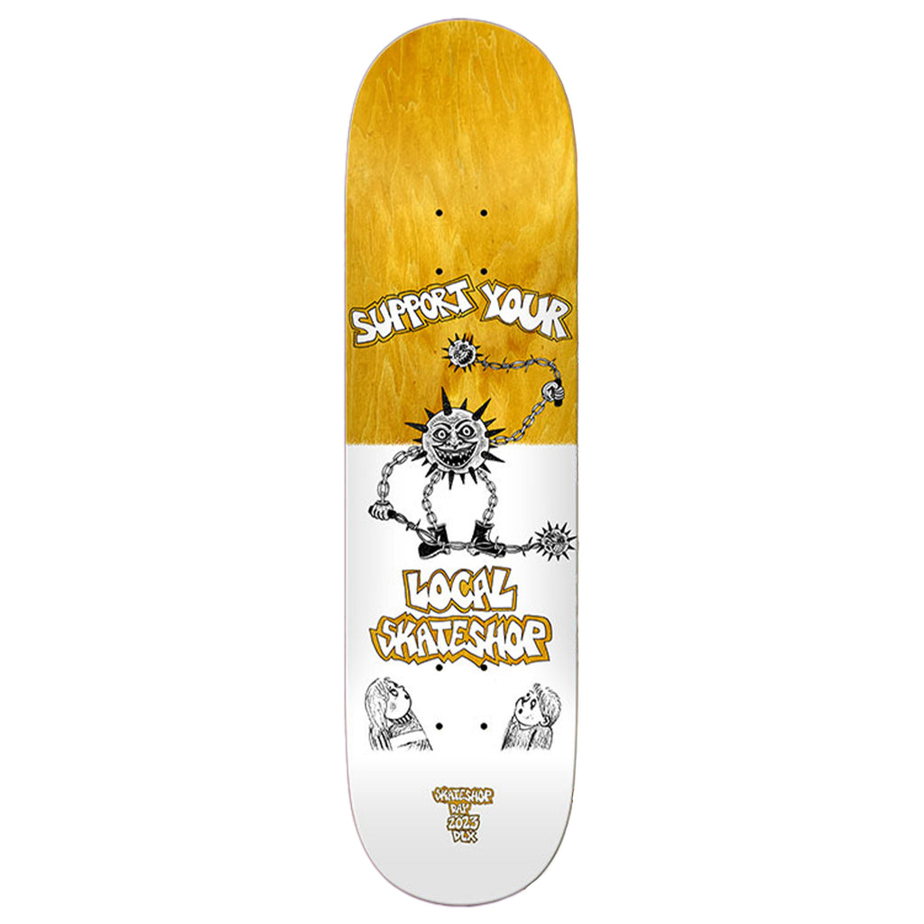 A yellow and white SKATE SHOP DAY 2023 DECK with the words support your local skate shop by REAL.
