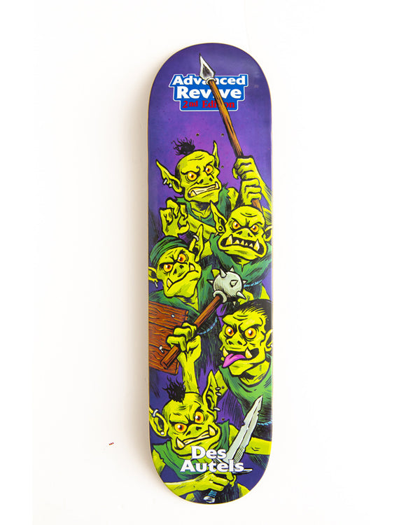 The REVIVE DES AUTELS GOBLIN skateboard deck by REVIVE comes in various sizes and features colorful cartoon goblins with weapons on a purple background, plus "Advanced Revive 2nd Edition" and "Des Autels" text.