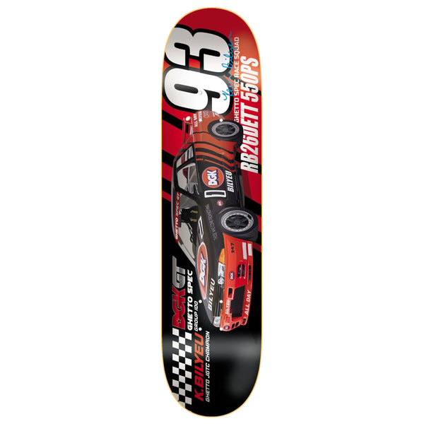 The DGK BILYEU GHETTO GT skateboard deck by DGK features a red race car with the number "93" and various logos, set against a black and red background with racing motifs including checkered flags.