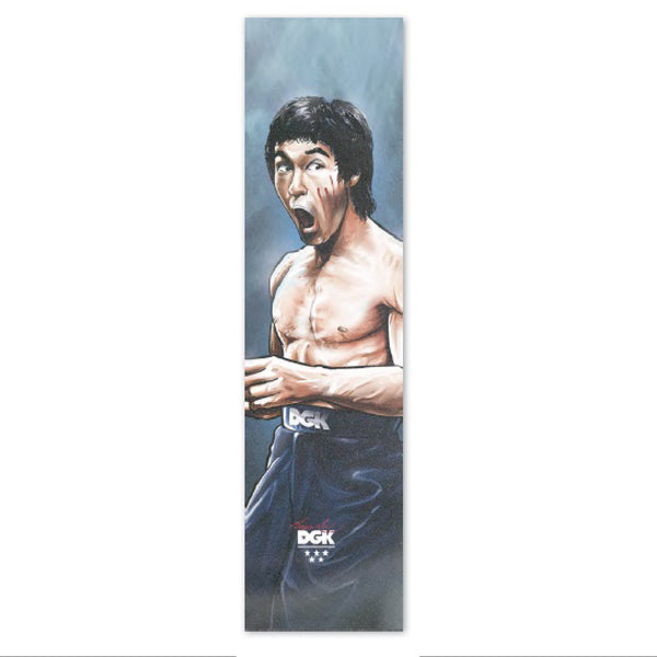 A DGK X BRUCE LEE GRIPTAPE 9 X 33 featuring Bruce Lee painted on a wall.