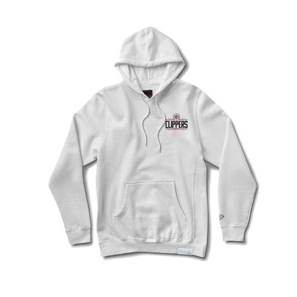 A white hoodie with the clippers logo on the left chest.