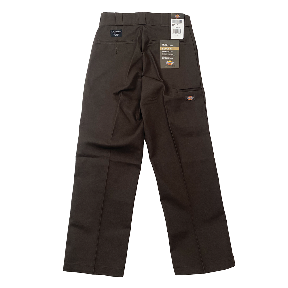 A DICKIES BLUETILE DOUBLE KNEE WORK PANT BROWN with a tag on it.
