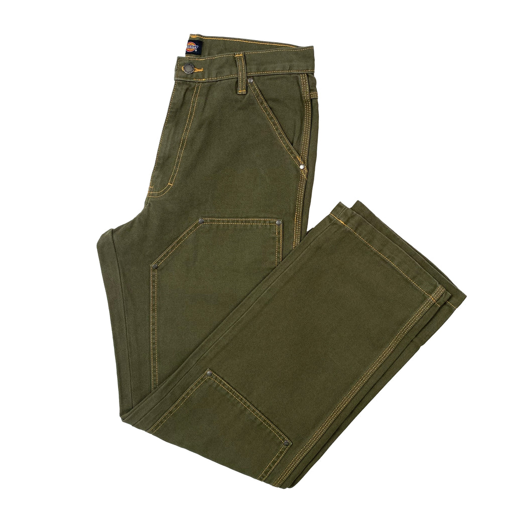 A pair of DICKIES DOUBLE KNEE DUCK CANVAS PANT STONEWASHED GREEN / NUGGET on a white background.