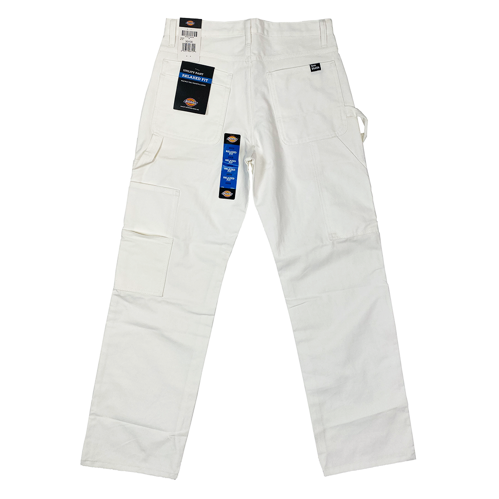 A pair of BLUETILE DICKIES RELAXED FIT UTILITY PANT WHITE with patches on them.