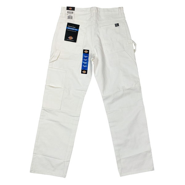 A pair of BLUETILE DICKIES RELAXED FIT UTILITY PANT WHITE with patches on them.