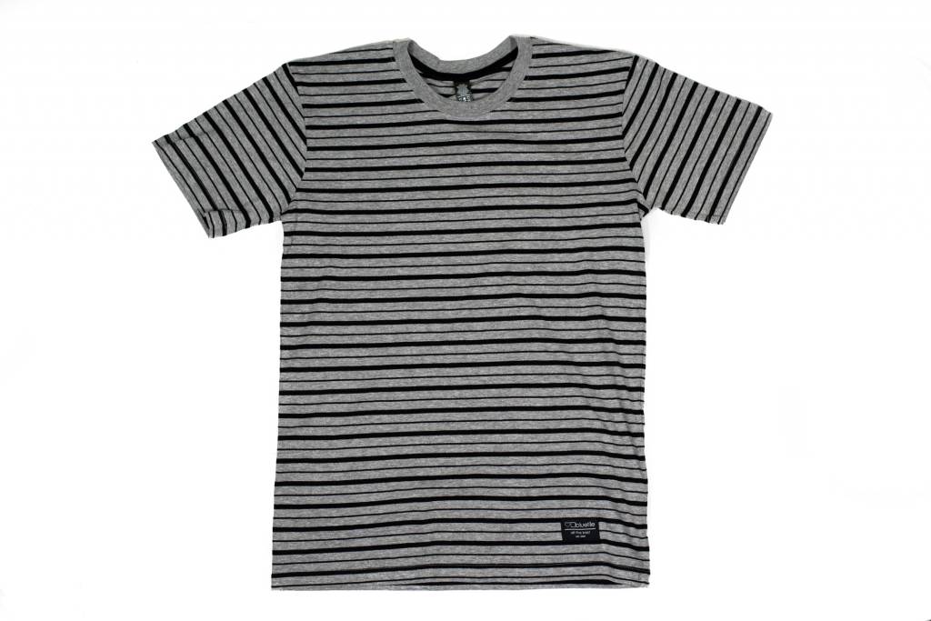 A functional and high-quality BLUETILE SURPLUS STRIPED TEE GREY / BLACK t-shirt on a white background, by Bluetile Skateboards.