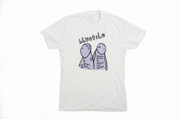 A BLUETILE X STREET CANOE NEVER BREAK BONES T-SHIRT WHITE / PURPLE by Bluetile Skateboards, with a cartoon of two people holding hands, featuring dope artwork on a quality t-shirt.