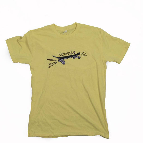A Bluetile Skateboards "BLUETILE X STREET CANOE" yellow t-shirt with a skateboard on it.