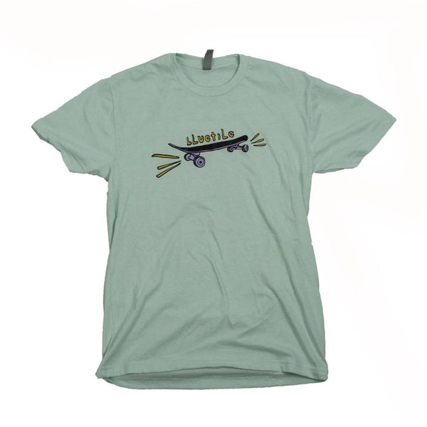 A bluetile x street canoe "bluetile" t-shirt mint / purple with a skateboard on it.