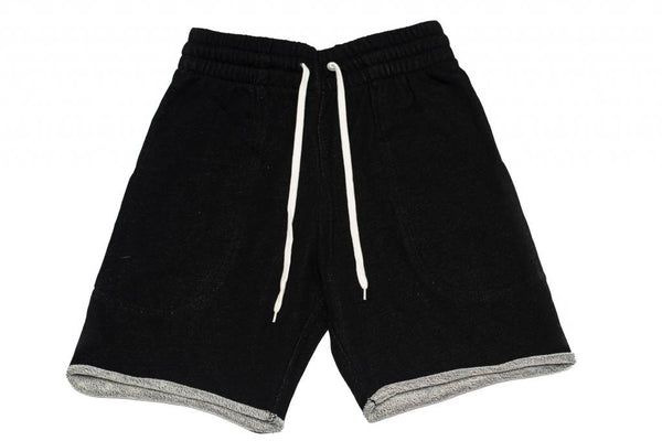 A pair of BLUETILE SURPLUS SWEAT SHORT BLACK shorts with white drawstrings by Bluetile Skateboards.