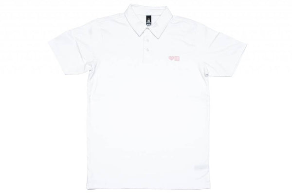 A BLUETILE SURPLUS LOVE BLUETILE POLO WHITE / PINK with a Bluetile Skateboards logo on it.