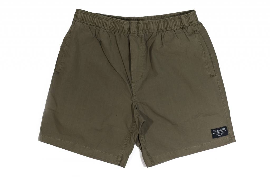 A pair of BLUETILE SURPLUS BEACH SHORT OLIVE in olive green, perfect for the summer heat. Great for skating too. (Brand Name: Bluetile Skateboards)