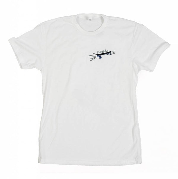 A Bluetile Skateboards white t-shirt with an airplane embroidered on it.