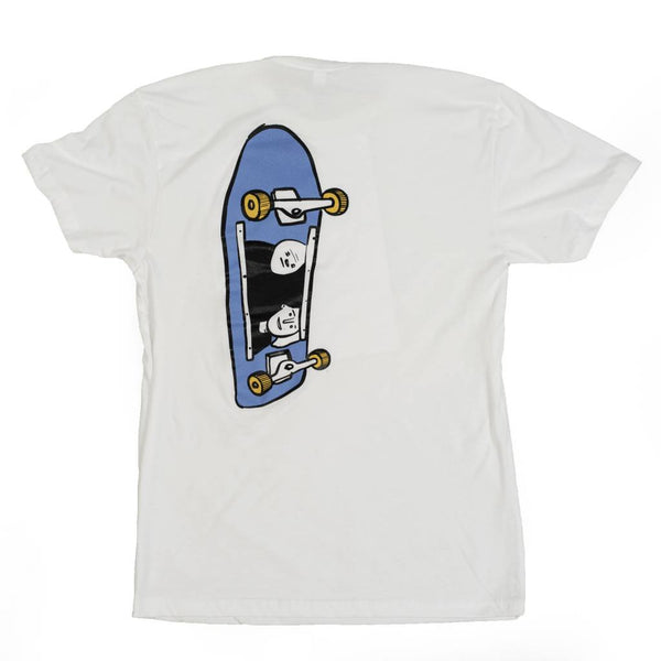 A Bluetile Skateboards BLUETILE X STREET CANOE SKATE BORED SHIRT WHITE with a skateboard on it.