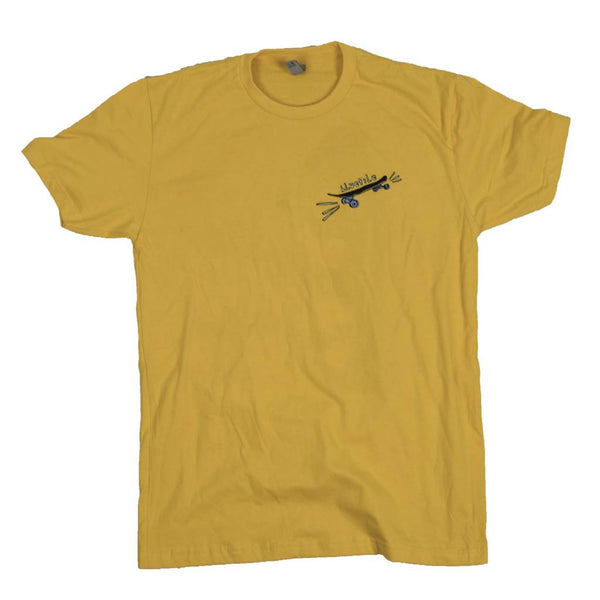 A Bluetile Skateboards yellow t - shirt with an airplane on it.