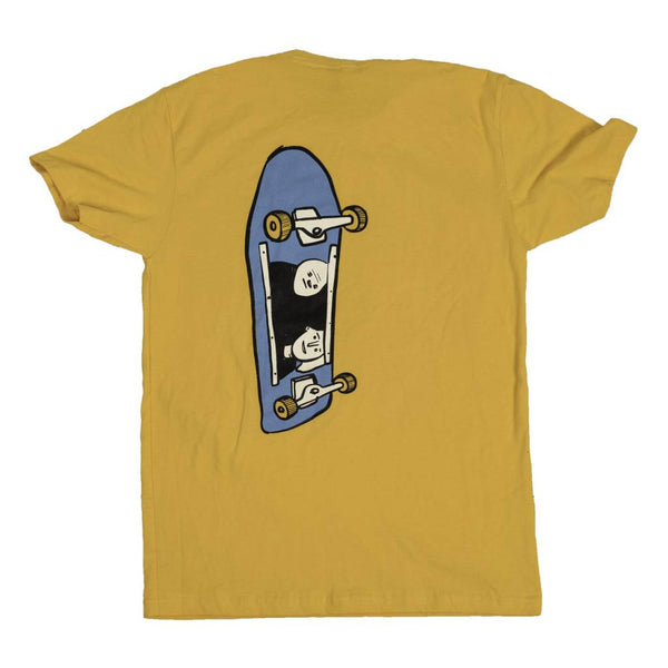 A BLUETILE X STREET CANOE SKATE BORED SHIRT YELLOW with a cartoon skateboard on it. 