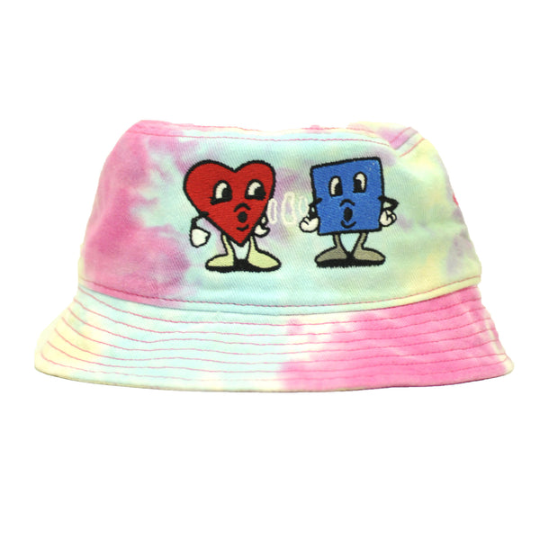 A Bluetile 4/20 Love Bucket Hat Raspberry Mist with two hearts on it.