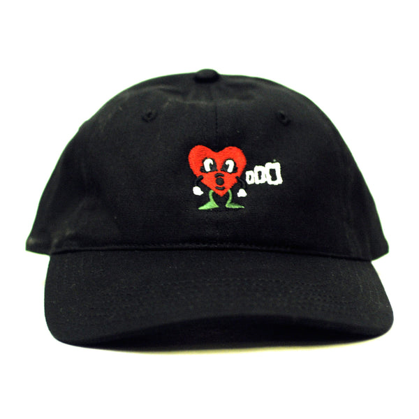A BLUETILE PUFF HEART DAD HAT BLACK, designed in the style of a dad hat.