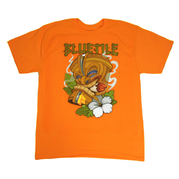 A Bluetile Skateboards TIKI T-SHIRT with an image of a hula dancer.