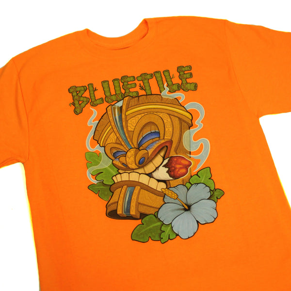 A BLUETILE TIKI T-SHIRT SAFETY ORANGE with a tiki mask on it.