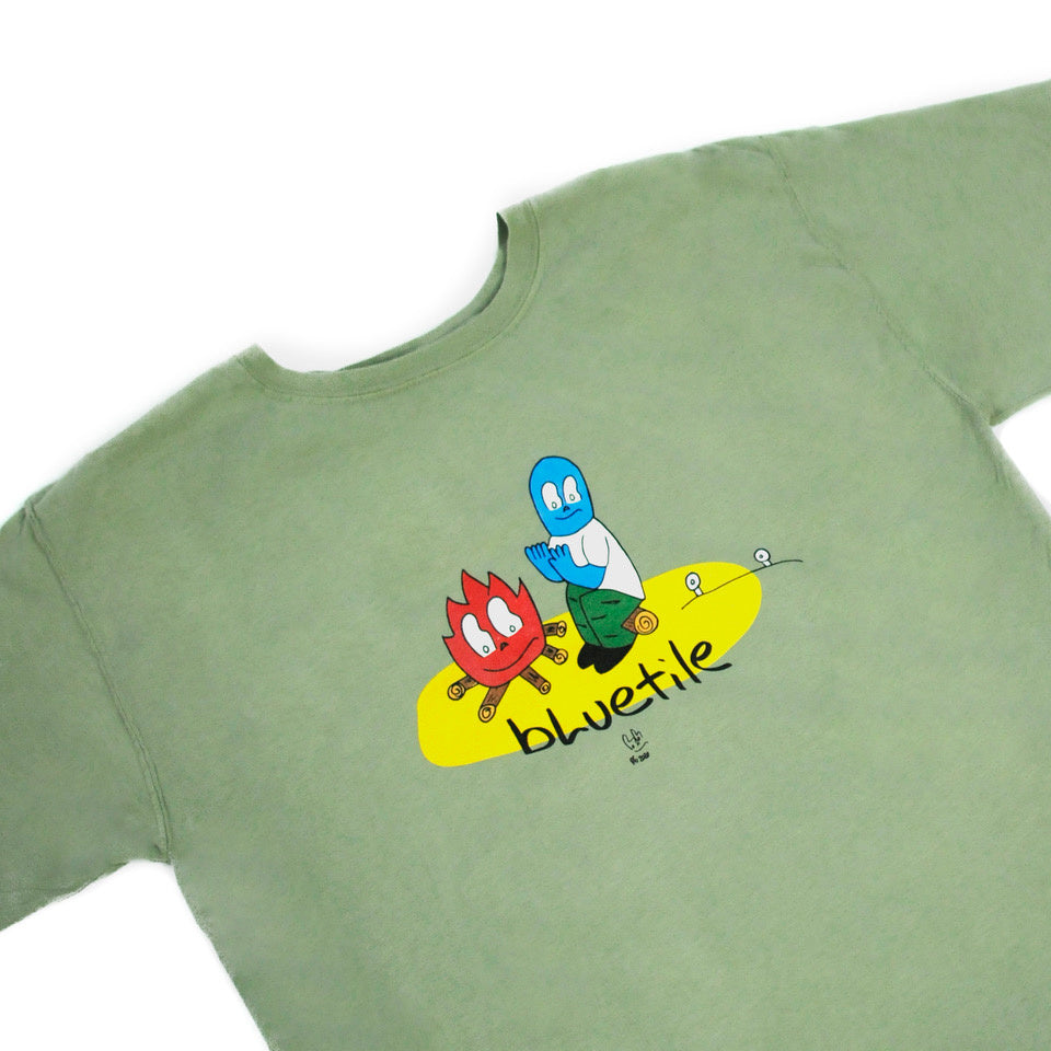 A Bluetile Camp Fire T-shirt in olive green with two cartoon characters on it.