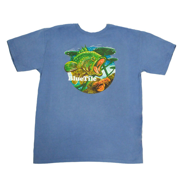 A BLUETILE WILDERNESS BASS T-SHIRT FORTE BLUE with an image of a large fish, perfect for fans of wilderness bass.